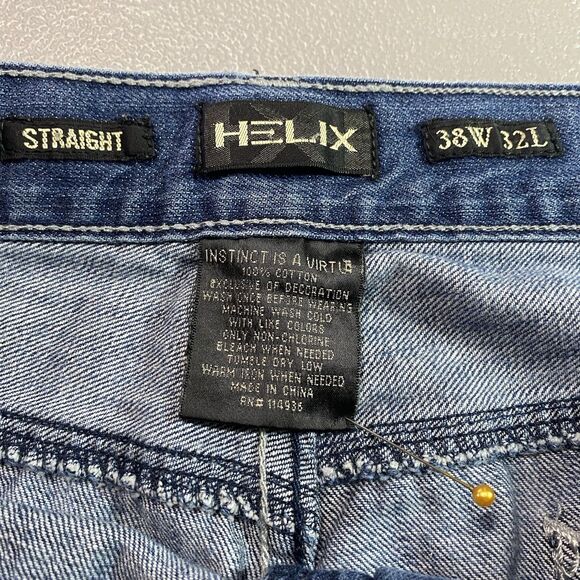HELIX Jeans Straight Leg Faded Whiskered Denim Cotton 2000s Y2K Mens 38x32 Blue - Picture 4 of 9